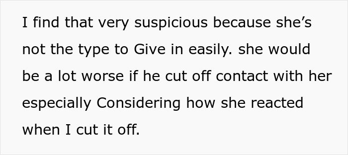 Text on a white background discussing suspicion about a woman’s reaction after contact was cut off, relating to restraining order issues.