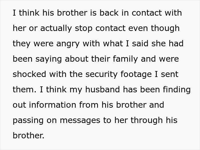Text message discussing family conflicts and restraining order involving husband’s brother and mother-in-law.