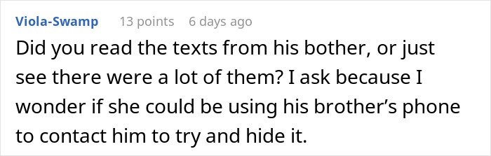 Image showing a detailed comment discussing potential use of a brother’s phone in a family restraining order situation.
