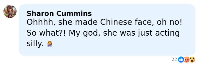 Comment by Sharon Cummins saying she was just acting silly after Miss Finland's racist gesture backlash on social media.