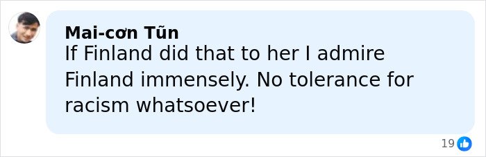 Comment praising Finland's stance against racism after Miss Finland loses crown over racist gesture backlash.