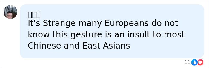 Facebook comment highlighting that many Europeans don’t realize a racist gesture offends East Asians.