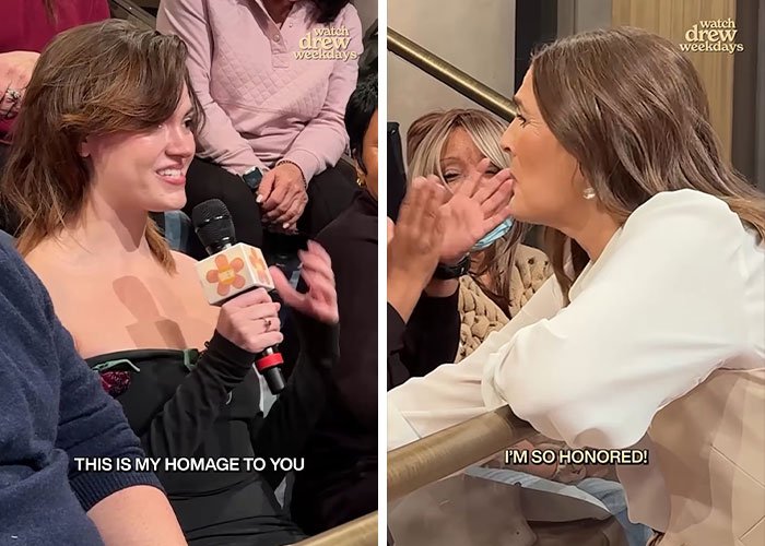 Fan recreates Drew Barrymore&rsquo;s iconic 1989 Oscars dress while she reacts with excitement on her show audience segment.