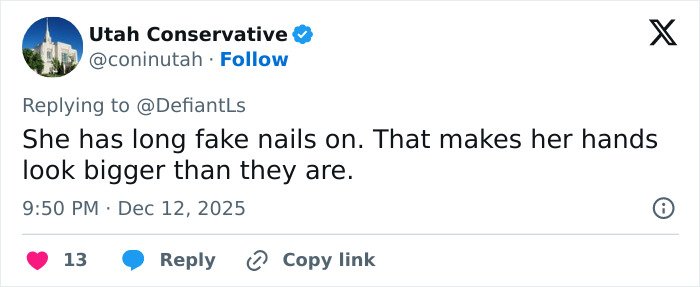 Tweet discussing Cynthia Erivo's oddly large hands, mentioning long fake nails making her hands appear bigger.