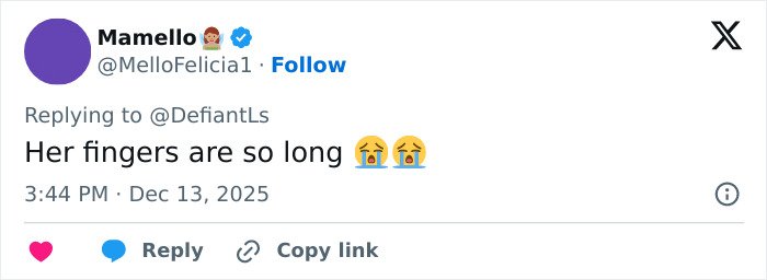 Tweet comment about Cynthia Erivo's oddly large hands with crying emojis, sparking debate online.