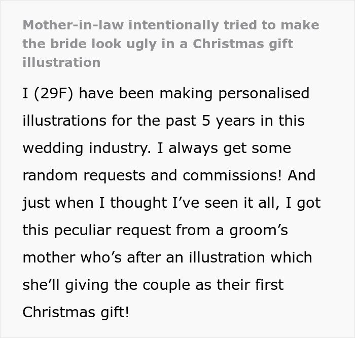 Mother-in-law’s plan to make bride look ugly in wedding illustration fails when artist notices the scheme.