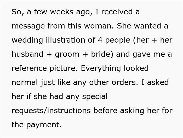 Wedding illustration request from MIL intended to make bride look ugly, but artist quickly notices the plan and reacts.