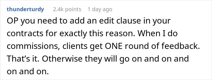 Reddit comment advising to add an edit clause for commissions to avoid endless feedback, highlighting MIL’s plan to make bride look ugly.