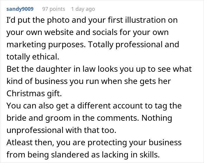 Text conversation showing advice on marketing and protecting business when MIL’s plan to make bride look ugly in wedding illustration backfires.