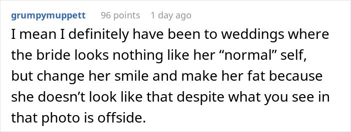 Comment discussing MIL’s plan to make bride look ugly in wedding illustration and artist noticing the change.