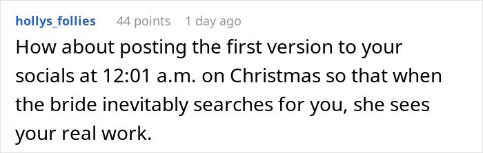 Comment discussing a plan to post a wedding illustration early so the bride sees the artist’s original work first.