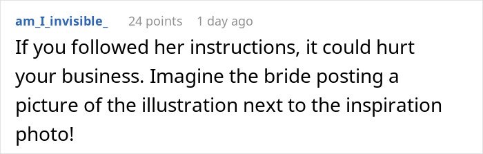 A comment discussing how MIL’s plan to make the bride look ugly in wedding illustration could harm business if followed.