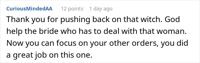 Comment from CuriousMindedAA thanking an artist for exposing MIL’s plan to make bride look ugly in wedding illustration.