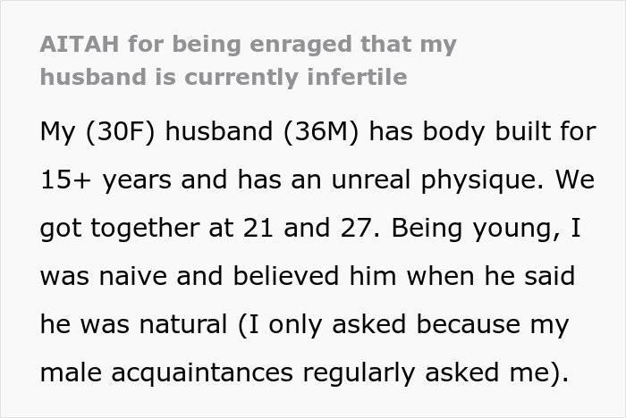 Text excerpt about a woman upset with her husband after exposing his lie about infertility and future child health risks.
