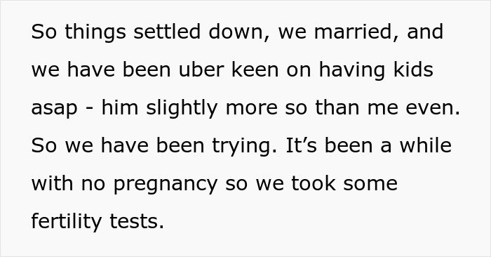 Text excerpt discussing attempts to have children and taking fertility tests amid concerns about future child&rsquo;s health.