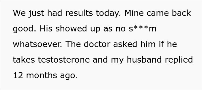 Text message revealing husband&rsquo;s hormone test results after exposing his lie about testosterone use affecting child&rsquo;s health.