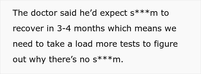 Text excerpt discussing medical concerns about fertility and s***m health after testing and recovery.