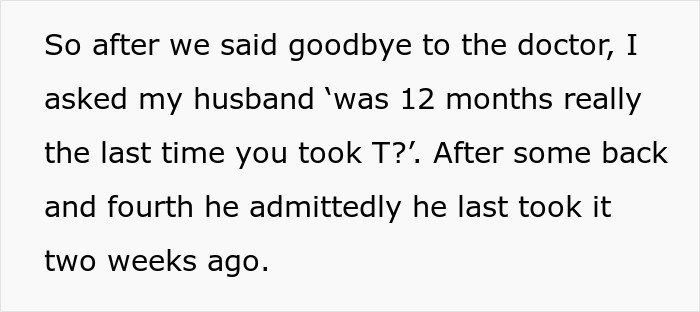 Text showing a woman confronting her husband about risking their future child&rsquo;s health after exposing his lie about medication timing.