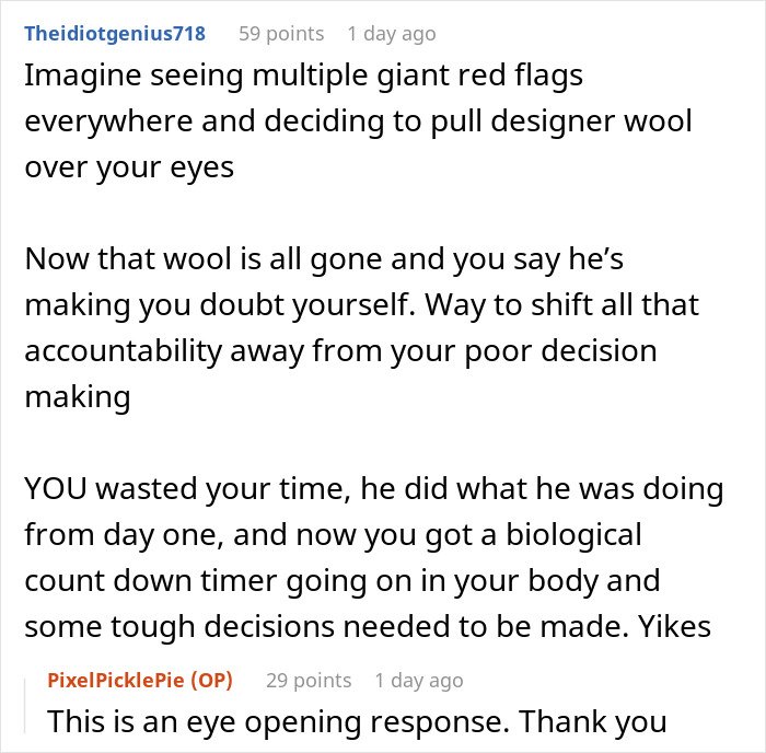 Comment discussing red flags and accountability in a relationship affecting future child health and tough decisions ahead.