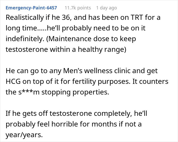 Text excerpt discussing risks to future child's health related to husband's testosterone treatment and fertility concerns.