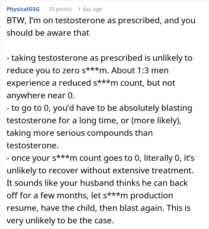 Comment explaining the impact of prescribed testosterone on s***m count and fertility risks for future children.