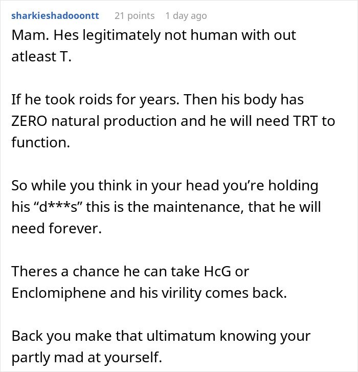 Online discussion about the impact of long-term steroid use on male hormone production and health risks.