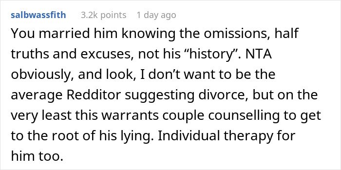 Screenshot of a Reddit comment discussing the impact of lying on future child&rsquo;s health and relationship counseling advice.