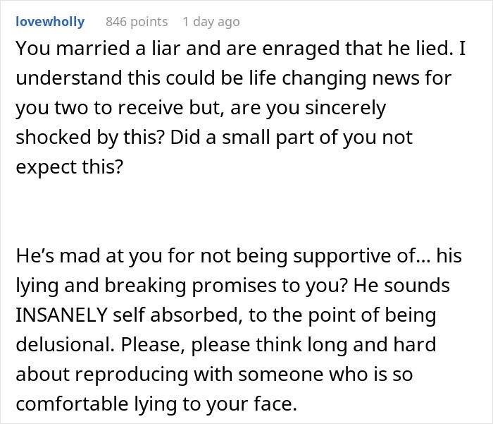 Comment expressing anger at husband&rsquo;s lie risking future child&rsquo;s health and warning about reproducing with a liar.