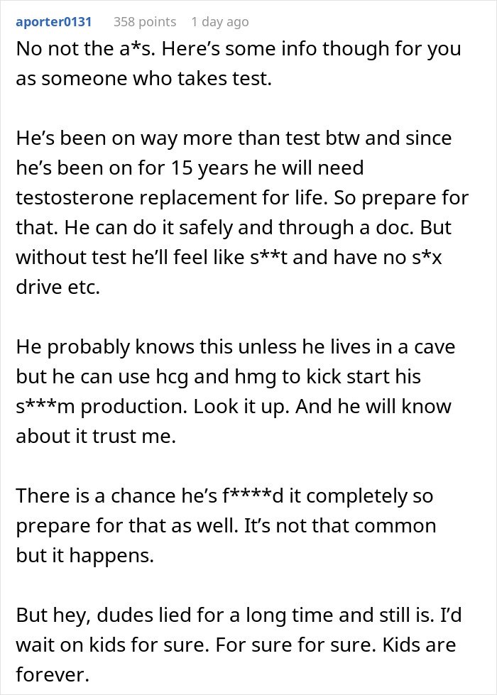 Alt text: Online discussion about testosterone replacement and men's health risks impacting future child's health concerns.