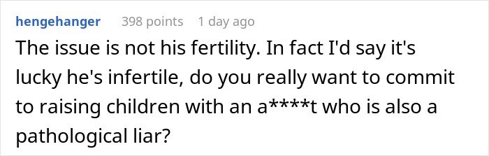 Comment expressing anger about husband&rsquo;s lie risking future child&rsquo;s health and fertility concerns on a forum post.