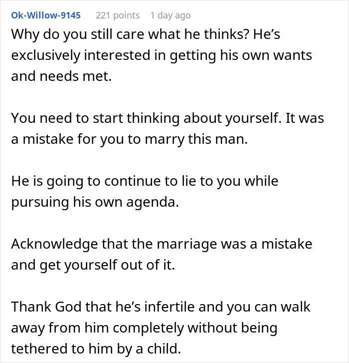Woman confronting husband about lying, risking future child's health, and urging to leave marriage for well-being.
