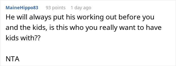 Comment expressing concern about a husband risking their future child's health by prioritizing working out.