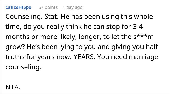 Screenshot of a detailed comment discussing marriage counseling after a husband&rsquo;s lie risks future child&rsquo;s health.