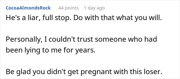 Screenshot of a forum comment accusing a husband of lying and risking their future child's health.