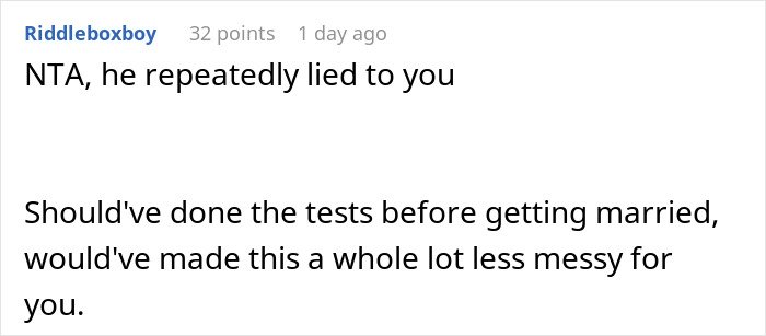 Reddit comment about a woman confronting her husband who lied, risking their future child&rsquo;s health in a relationship conflict.