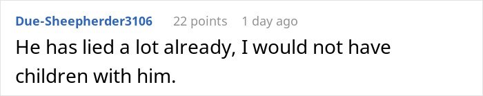 Comment expressing distrust in husband after exposing his lie, fearing future child&rsquo;s health risk.
