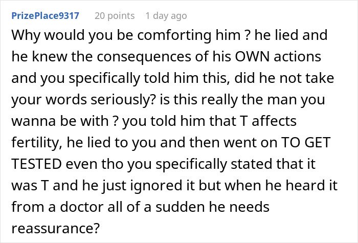 Comment discussing a woman confronting her husband about his lie risking their future child&rsquo;s health and fertility concerns.
