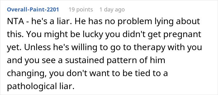 Comment on Reddit accusing husband of lying and risking future child&rsquo;s health, urging caution before pregnancy.