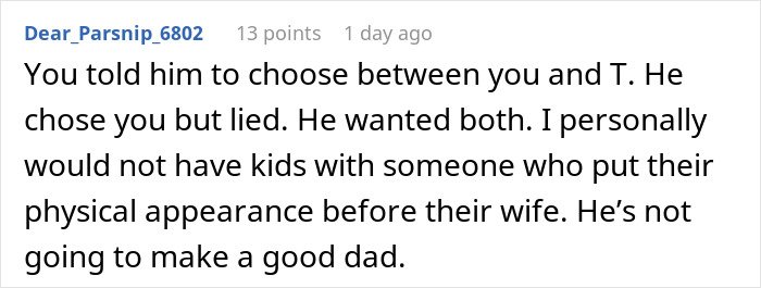 Reddit comment discussing a woman&rsquo;s anger after exposing her husband&rsquo;s lie risking their future child&rsquo;s health.