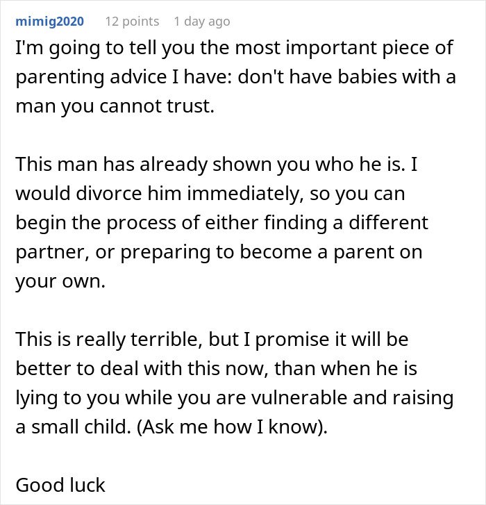 Screenshot of online comment advising not to have babies with an untrustworthy man risking future child&rsquo;s health and trust issues.