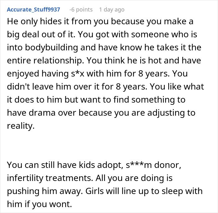 Comment discussing a woman confronting her husband about risking their future child's health after exposing his lie.