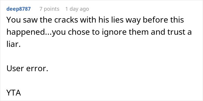 Comment criticizing trust in husband after exposing his lie risking their future child&rsquo;s health in an online discussion.