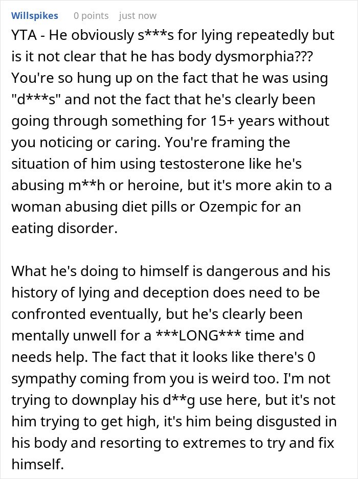 Comment discussing husband lying about testosterone use and its impact on their future child&rsquo;s health concerns.