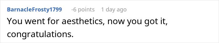 Online comment expressing sarcasm about someone getting aesthetics, reacting to a confrontation involving future child's health risks.