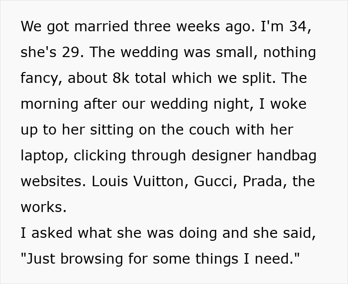 Text describing a marriage falling apart early due to wife treating husband as an ATM machine without shame.