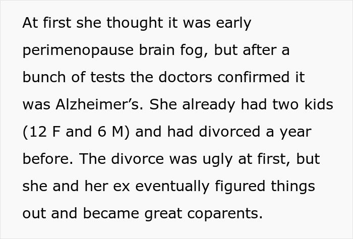 Text passage describing a woman&rsquo;s Alzheimer's diagnosis, her two children, and her experience with divorce and coparenting.
