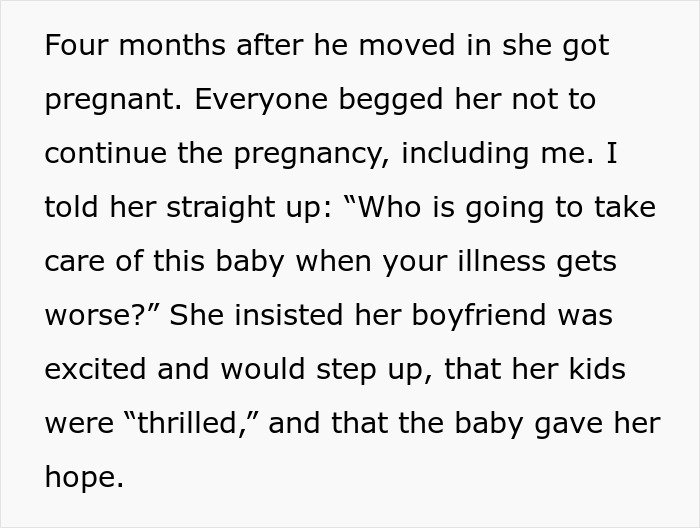 Text excerpt showing a childfree woman refusing to take responsibility for her sister's new baby despite concerns about illness and caregiving.