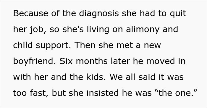 Text excerpt about a woman dealing with alimony, child support, and a new boyfriend moving in with her and her kids.