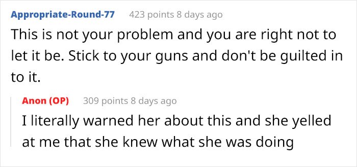 Screenshot of a forum conversation about a childfree woman refusing to take responsibility for her sister's new baby.