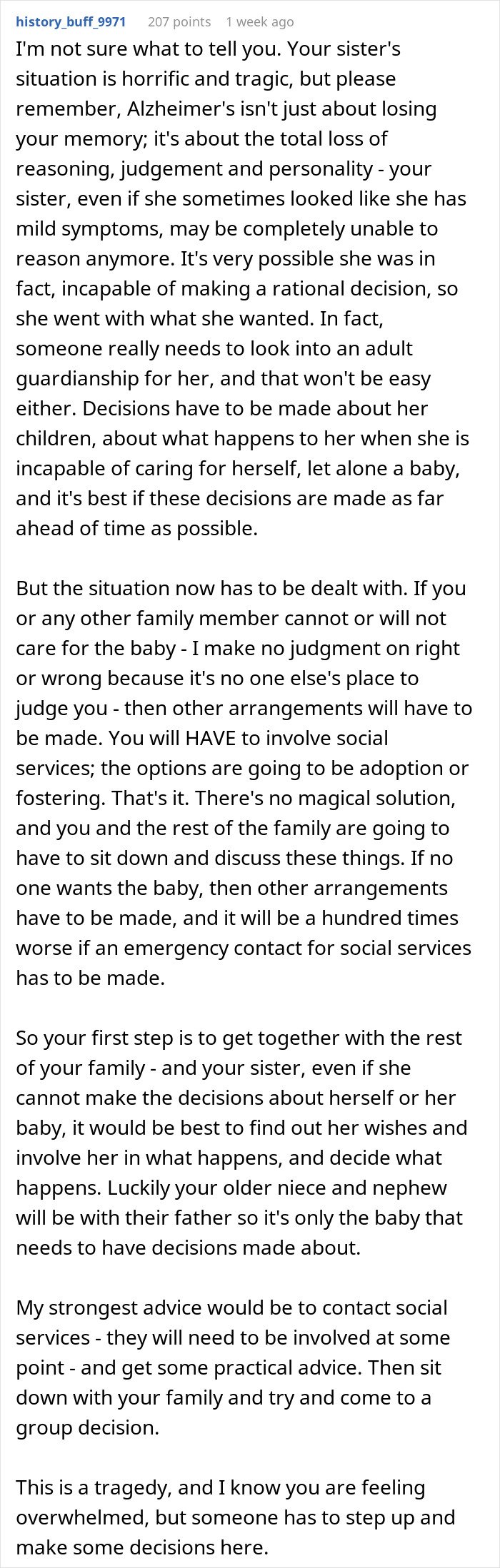 Comment discussing childfree woman refusing responsibility for her sister&rsquo;s new baby and family decisions needed.